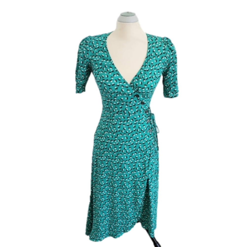 Gap Green Floral Print V-Neck Side Buttons Wrap Midi Dress Size XS